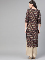 Nayo Nayo Adults-Women Olive & Gold Cotton Straight Geometric Printed Kurta