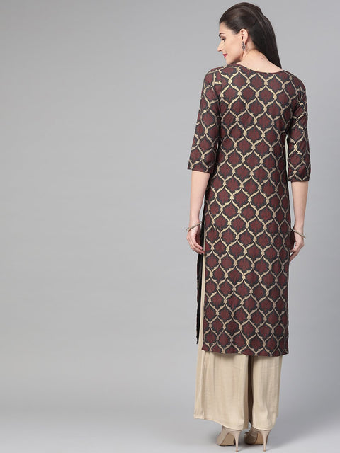 Nayo Nayo Adults-Women Olive & Gold Cotton Straight Geometric Printed Kurta