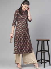 Nayo Nayo Adults-Women Olive & Gold Cotton Straight Geometric Printed Kurta