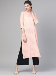 Nayo Nayo Adults-Women Red & Gold Cotton Straight Striped Striped Kurta