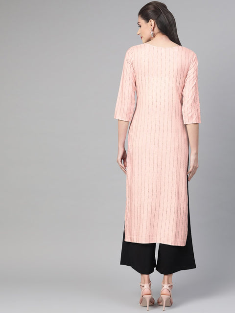 Nayo Nayo Adults-Women Red & Gold Cotton Straight Striped Striped Kurta