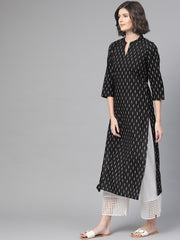 Nayo Nayo Adults-Women Black & White Cotton Straight Abstract Printed Kurta