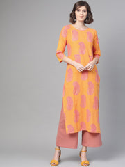 Nayo Nayo Adults-Women Orange & Pink Cotton Straight Paisley Printed Kurta