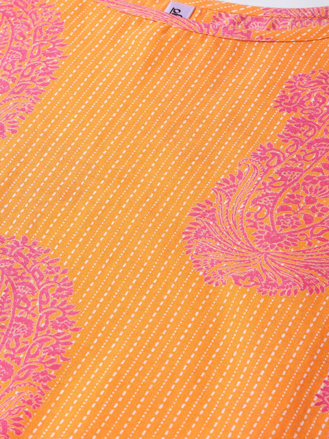 Nayo Nayo Adults-Women Orange & Pink Cotton Straight Paisley Printed Kurta