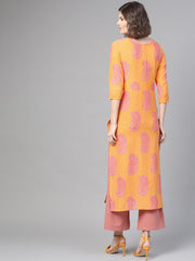Nayo Nayo Adults-Women Orange & Pink Cotton Straight Paisley Printed Kurta