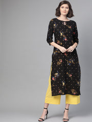 Nayo Nayo Adults-Women Black & Gold Cotton Straight Floral Printed Kurta