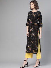 Nayo Nayo Adults-Women Black & Gold Cotton Straight Floral Printed Kurta