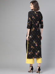 Nayo Nayo Adults-Women Black & Gold Cotton Straight Floral Printed Kurta