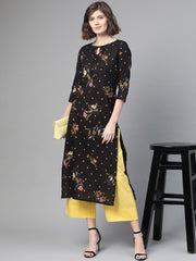 Nayo Nayo Adults-Women Black & Gold Cotton Straight Floral Printed Kurta