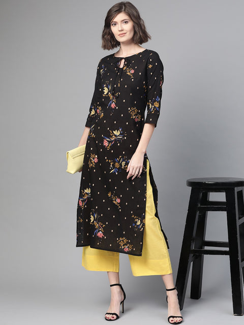 Nayo Nayo Adults-Women Black & Gold Cotton Straight Floral Printed Kurta