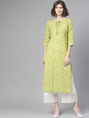 Nayo Nayo Adults-Women Green & Off white Cotton Straight Quirky Printed Kurta