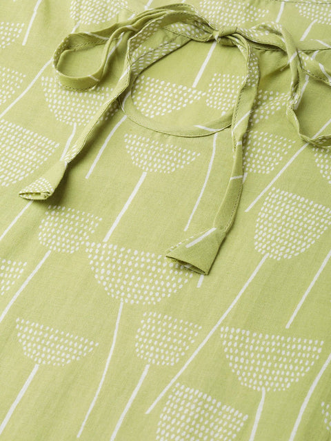 Nayo Nayo Adults-Women Green & Off white Cotton Straight Quirky Printed Kurta