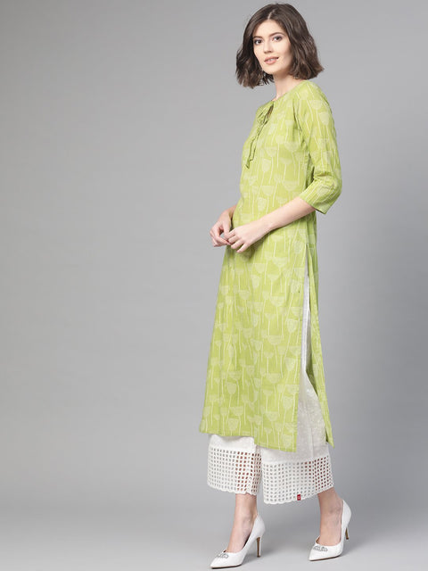 Nayo Nayo Adults-Women Green & Off white Cotton Straight Quirky Printed Kurta