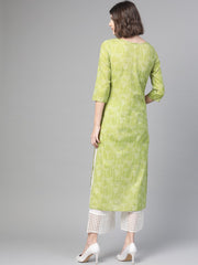 Nayo Nayo Adults-Women Green & Off white Cotton Straight Quirky Printed Kurta