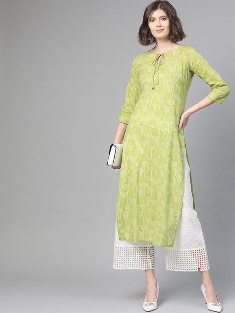 Nayo Nayo Adults-Women Green & Off white Cotton Straight Quirky Printed Kurta