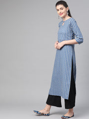 Nayo Nayo Adults-Women Blue & White Cotton Straight Floral Printed Kurta