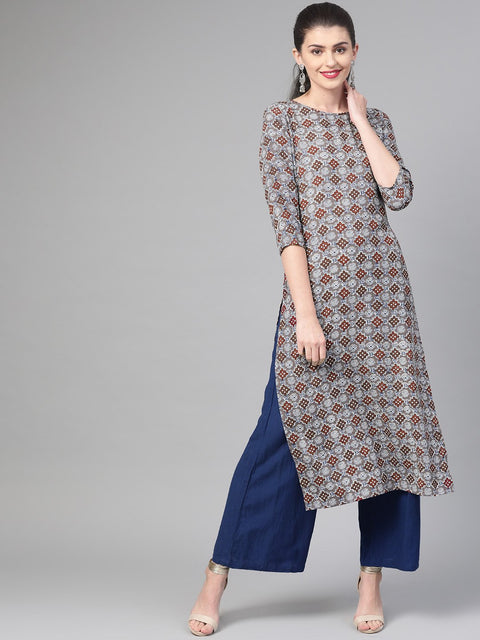 Nayo Nayo Adults-Women Grey & Maroon Cotton Straight Geometric Printed Kurta