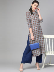 Nayo Nayo Adults-Women Grey & Maroon Cotton Straight Geometric Printed Kurta