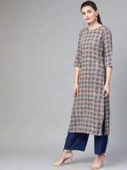 Nayo Nayo Adults-Women Grey & Maroon Cotton Straight Geometric Printed Kurta