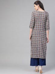 Nayo Nayo Adults-Women Grey & Maroon Cotton Straight Geometric Printed Kurta