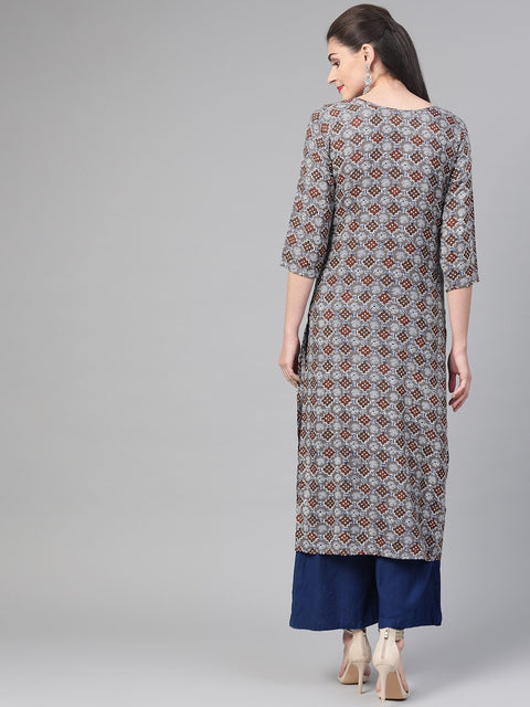 Nayo Nayo Adults-Women Grey & Maroon Cotton Straight Geometric Printed Kurta