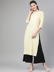 Nayo Nayo Adults-Women Lime Green & Gold Cotton Straight Striped Striped Kurta