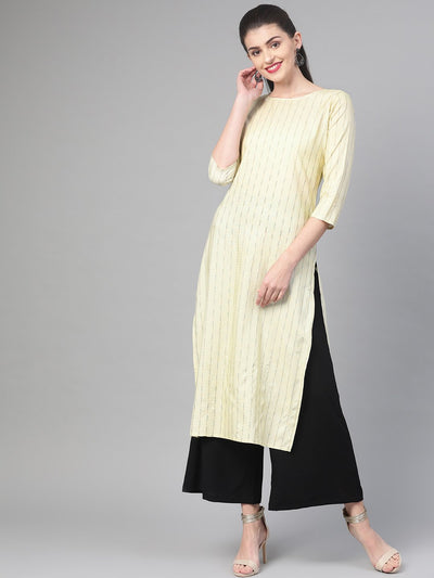 Nayo Nayo Adults-Women Lime Green & Gold Cotton Straight Striped Striped Kurta
