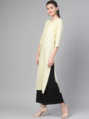 Nayo Nayo Adults-Women Lime Green & Gold Cotton Straight Striped Striped Kurta