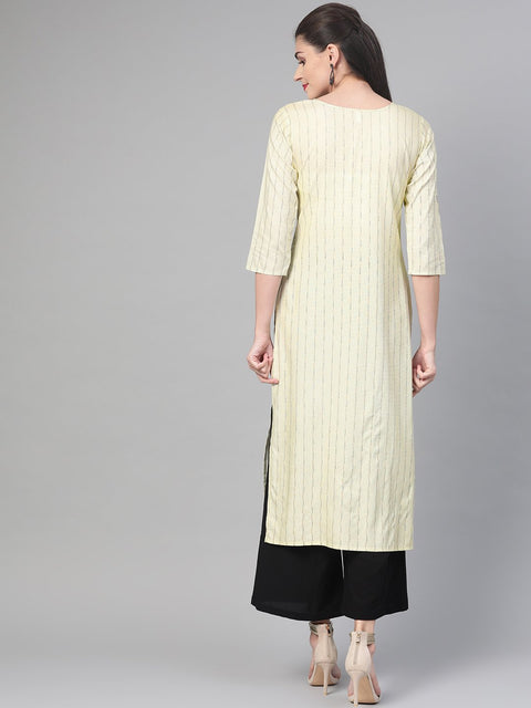 Nayo Nayo Adults-Women Lime Green & Gold Cotton Straight Striped Striped Kurta