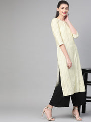 Nayo Nayo Adults-Women Lime Green & Gold Cotton Straight Striped Striped Kurta