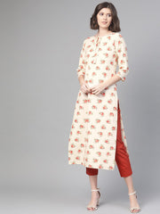 Nayo Nayo Adults-Women Cream & Peach Cotton Straight Floral Printed Kurta
