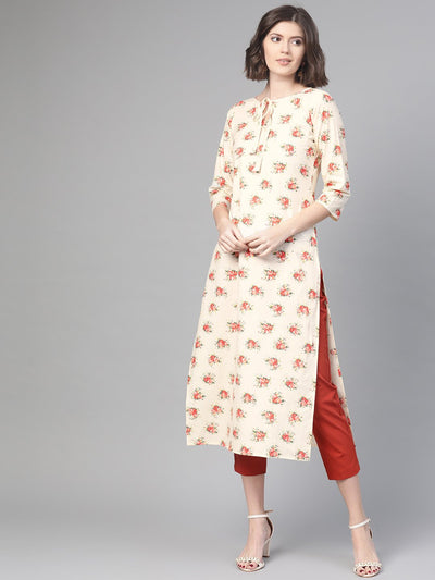 Nayo Nayo Adults-Women Cream & Peach Cotton Straight Floral Printed Kurta