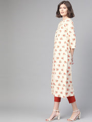 Nayo Nayo Adults-Women Cream & Peach Cotton Straight Floral Printed Kurta
