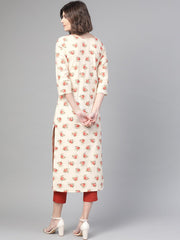 Nayo Nayo Adults-Women Cream & Peach Cotton Straight Floral Printed Kurta