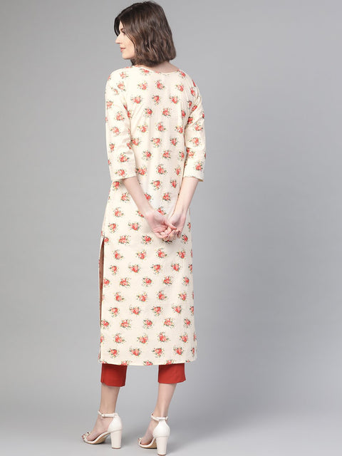 Nayo Nayo Adults-Women Cream & Peach Cotton Straight Floral Printed Kurta