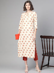 Nayo Nayo Adults-Women Cream & Peach Cotton Straight Floral Printed Kurta