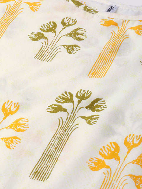 Nayo Nayo Adults-Women White & Orange Cotton Straight Floral Printed Kurta