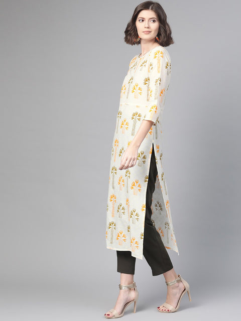 Nayo Nayo Adults-Women White & Orange Cotton Straight Floral Printed Kurta