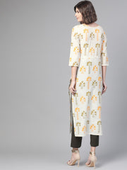 Nayo Nayo Adults-Women White & Orange Cotton Straight Floral Printed Kurta