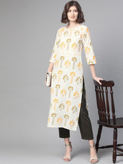 Nayo Nayo Adults-Women White & Orange Cotton Straight Floral Printed Kurta