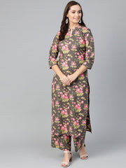 Nayo Women Grey & Pink Straight Floral Printed Kurta And Palazzos Set