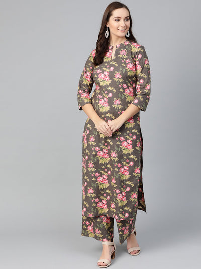 Nayo Women Grey & Pink Straight Floral Printed Kurta And Palazzos Set