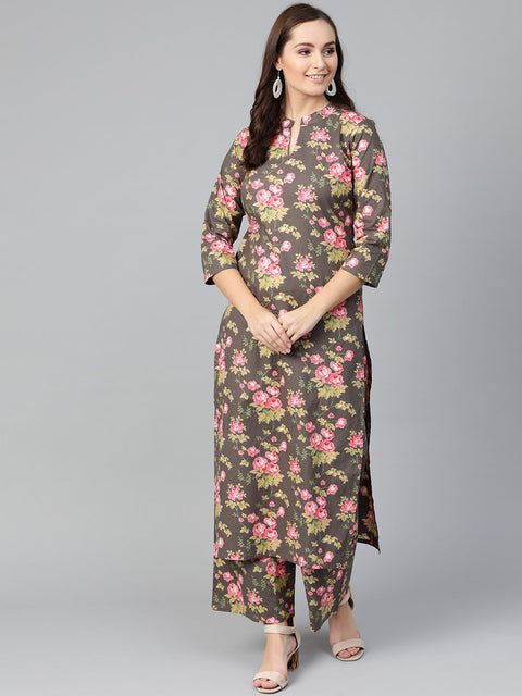 Nayo Women Grey & Pink Straight Floral Printed Kurta And Palazzos Set