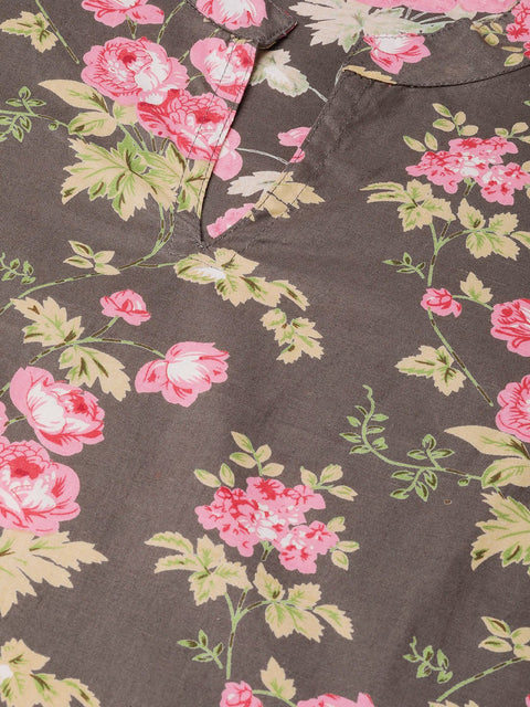 Nayo Women Grey & Pink Straight Floral Printed Kurta And Palazzos Set