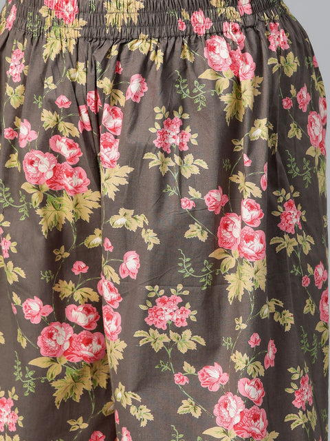 Nayo Women Grey & Pink Straight Floral Printed Kurta And Palazzos Set