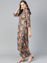 Nayo Women Grey & Pink Straight Floral Printed Kurta And Palazzos Set