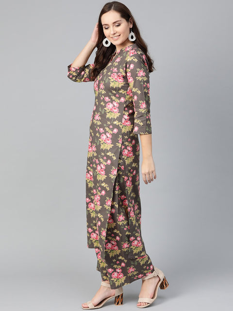 Nayo Women Grey & Pink Straight Floral Printed Kurta And Palazzos Set