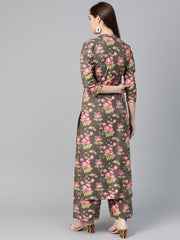 Nayo Women Grey & Pink Straight Floral Printed Kurta And Palazzos Set