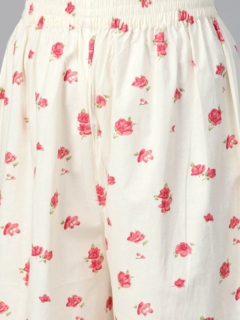 Nayo Women Off white & Peach Straight Floral Printed Kurta And Palazzos Set