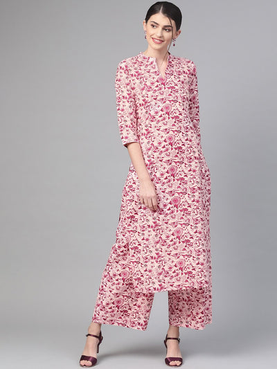 Nayo Women Pink & Burgundy Straight Floral Printed Kurta And Palazzos Set